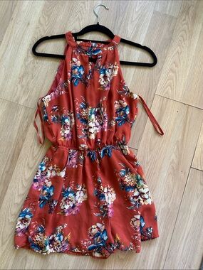 As U Wish Rust Floral Halter Top with Blue Accents